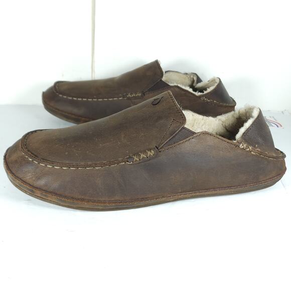 OluKai Men\'s Moloa US 10 Brown Leather Shearling Convertible Slippers Loafers main image 10